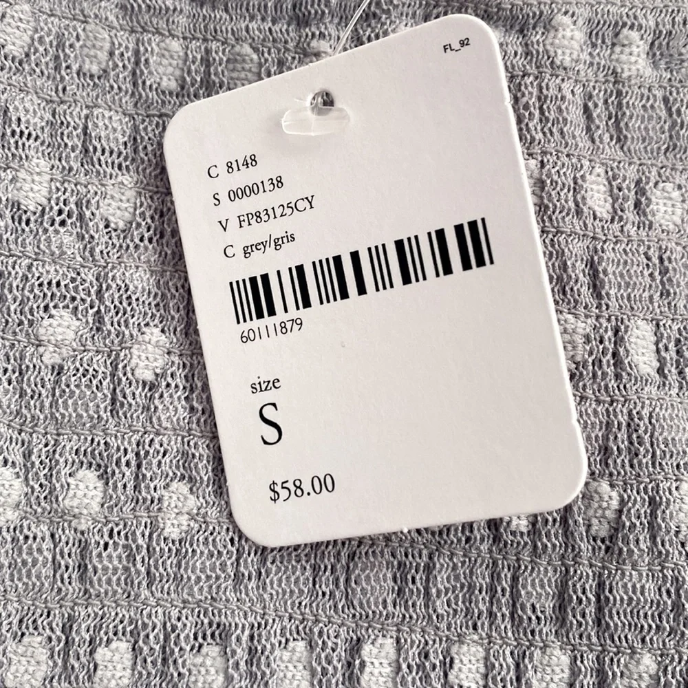 (A7) Free People Grey‎ Mesh Smocked Long Sleeve Crop Top, Size Small, NWT